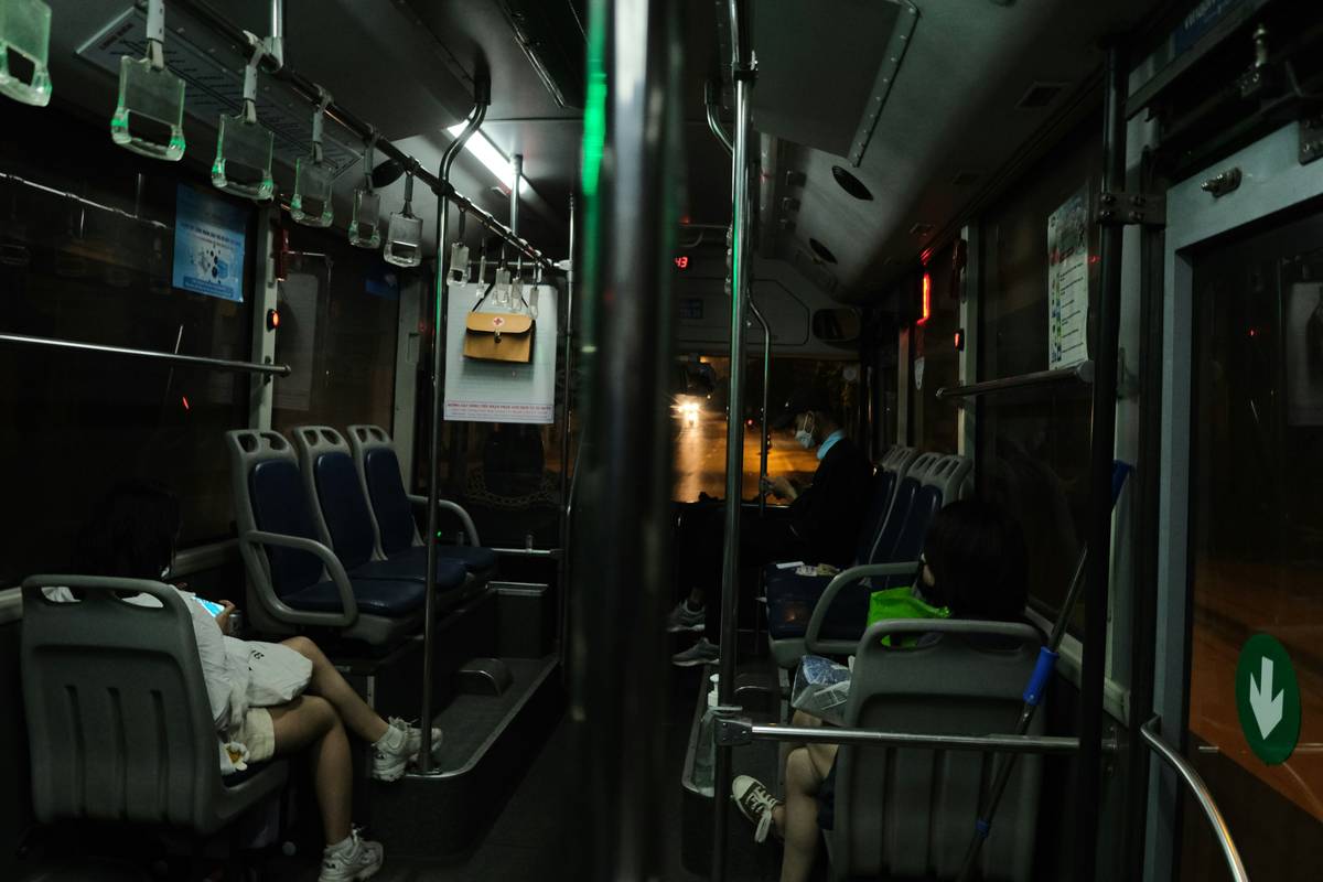 Plush leather seating and mood lighting inside a luxury bus
