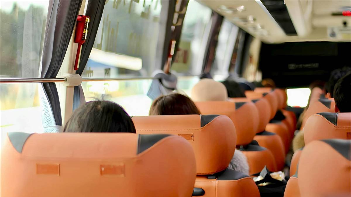 An abstract and visually intriguing perspective on a series of empty chairs inside a public bus, emphasizing patterns, lines, and the interplay of light and shadow. This composition transforms the mundane into an artistic study of urban transit, geometry, and solitude. Perfect for projects exploring public transportation, abstract photography, urban aesthetics, and the quiet moments within daily commutes.